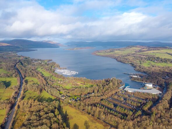 Aerial river Leven in Balloch Scotland shore Loch Lomond with marina Aerial river Leven in Balloch Scotland shore Loch Lomond with marina