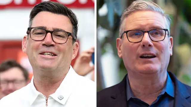 A split image of Andy Burnham and Keir Starmer, both white men who wear glasses.