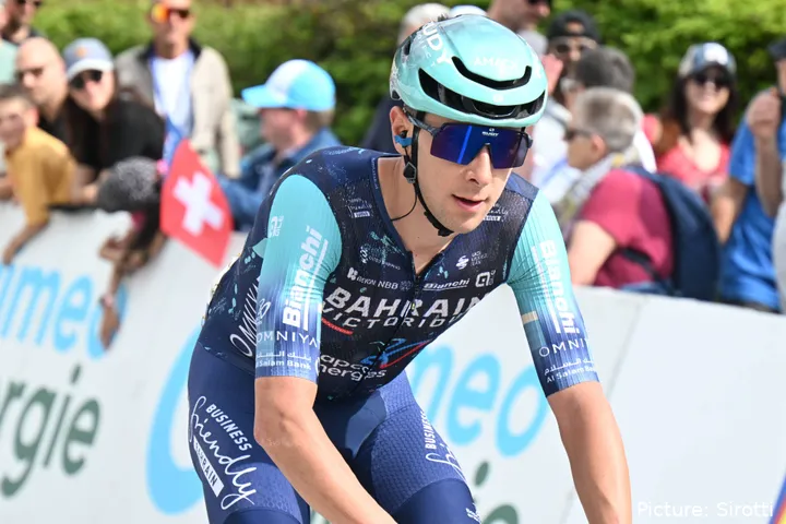 Antonio Tiberi crosses the line at the 2026 Tour de Romandie