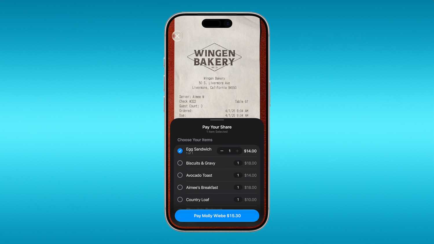 Split bill feature in Apple Wallet.
