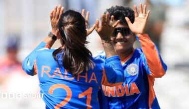 India's Shree Charani (right) celebrates the wicket of Bangladesh's Dilara Akter