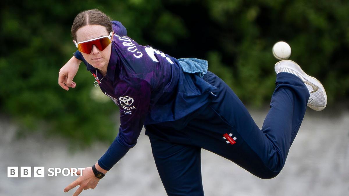Kirstie Gordon bowling for Scotland in a T20 match against the Netherlands