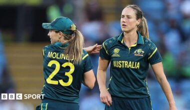 A split graphic of Australia's Ash Gardner (left), England's Lauren Bell (centre) and India's Deepti Sharma (right)