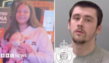 Composite image of, on the left, a girl with long brown hair, wearing a white sweatshirt and holding a cuddly toy and, on the right, a man with short dark hair, beard and moustache in a police mugshot.