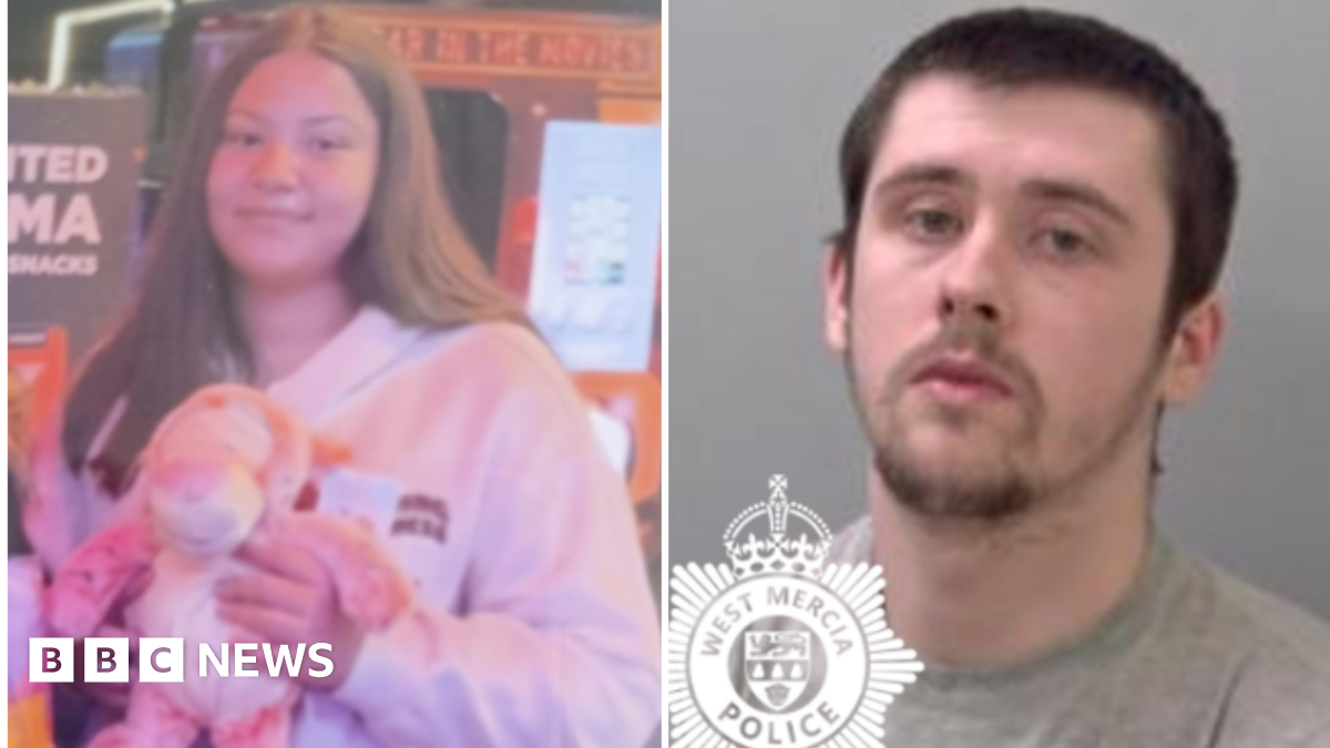 Composite image of, on the left, a girl with long brown hair, wearing a white sweatshirt and holding a cuddly toy and, on the right, a man with short dark hair, beard and moustache in a police mugshot.
