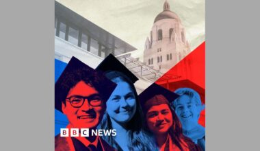 A stylised image of graduates in front of the Stanford University campus