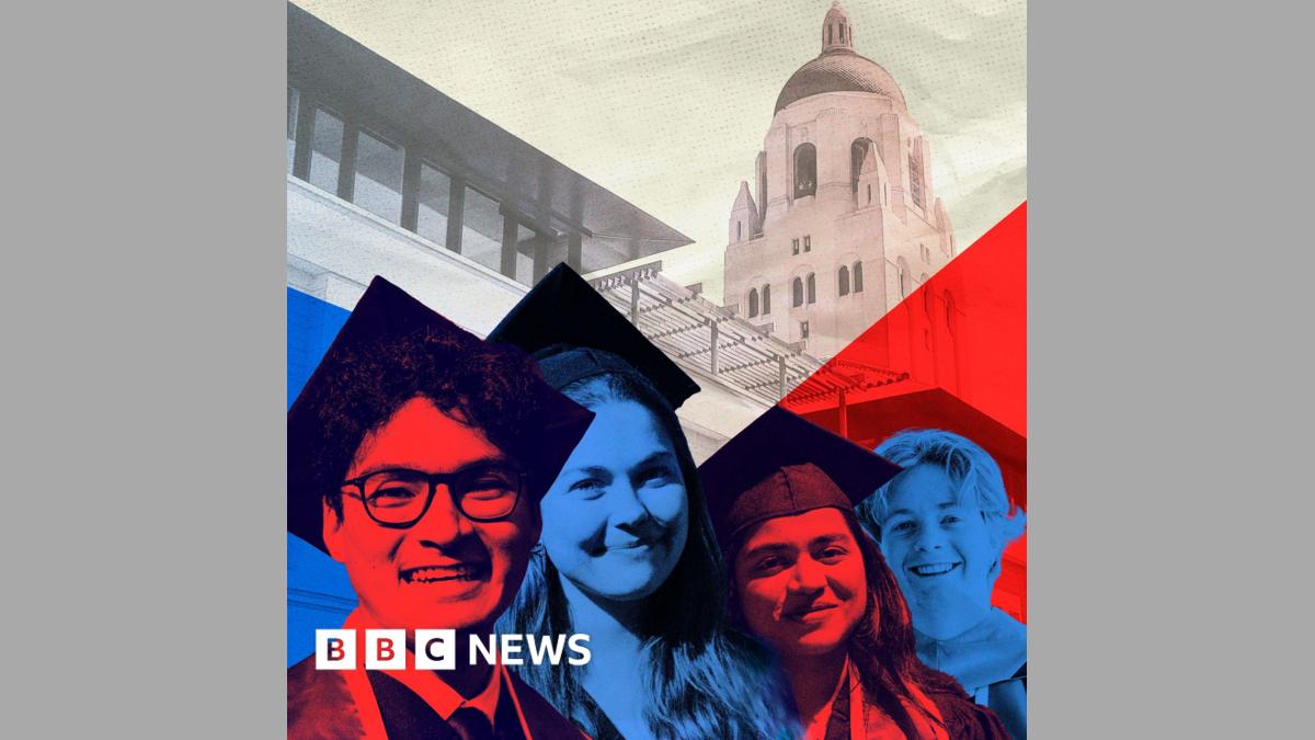 A stylised image of graduates in front of the Stanford University campus