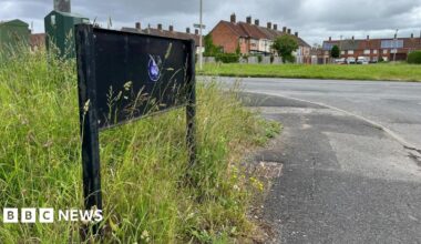 A black metal frame where the Dungeon Lane road sign would have been is surrounded by long grass. A main road runs alongside the lane with an terraced houses in the background.