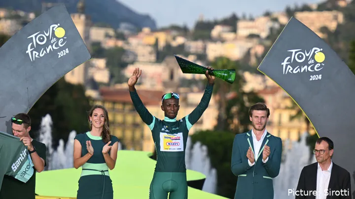 Biniam Girmay celebrating his Green Jersey win at the Tour de France in 2024