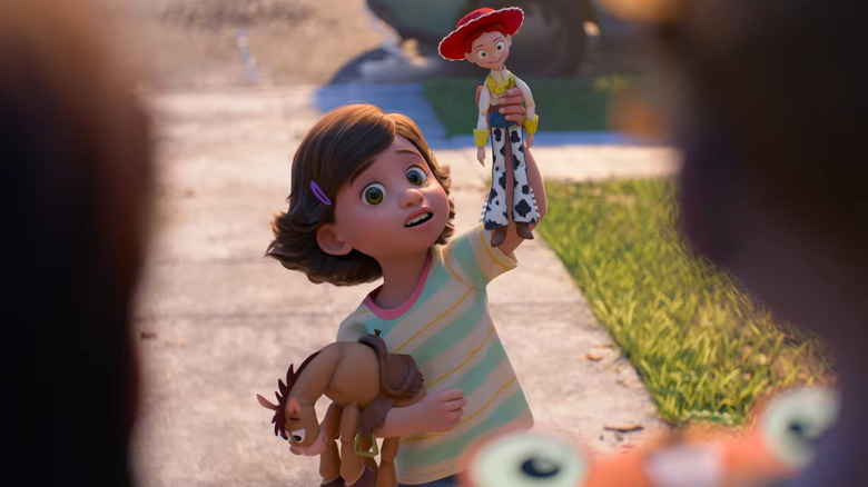 Bonnie showing off Bullseye and Jessie to her sleepover acquaintances in Toy Story 5