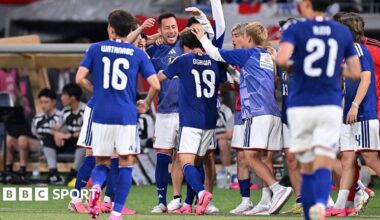 Japan players, in blue, celebrate a goal