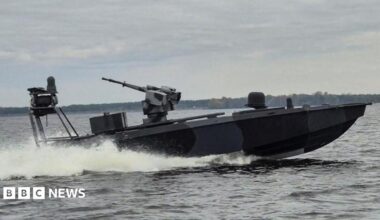 A Ukrainian naval drone boat at sea