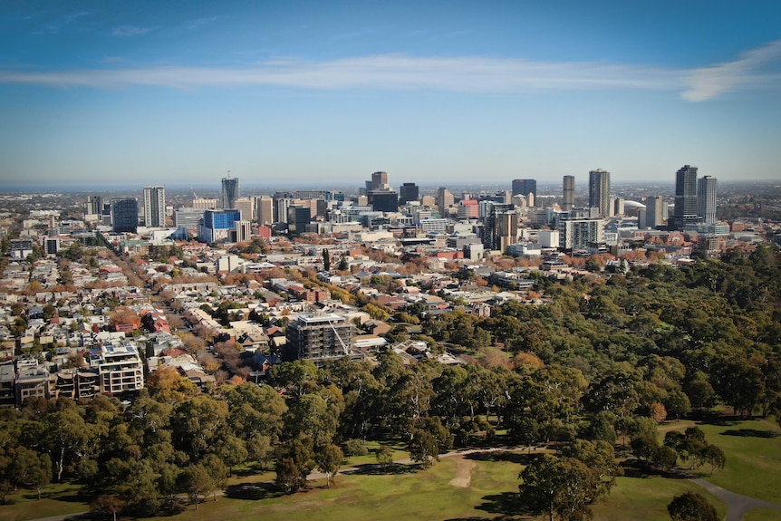 The Adelaide CBD viewed from the air on a sunny day from the eastern park lands