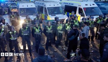 Screen grab taken from a video of police and protesters clashing in Southampton during a protest following the death of Henry Nowak.