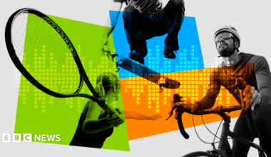 A stylised images of a woman playing tennis, a man on a bike, and a skateboarder doing a trick.