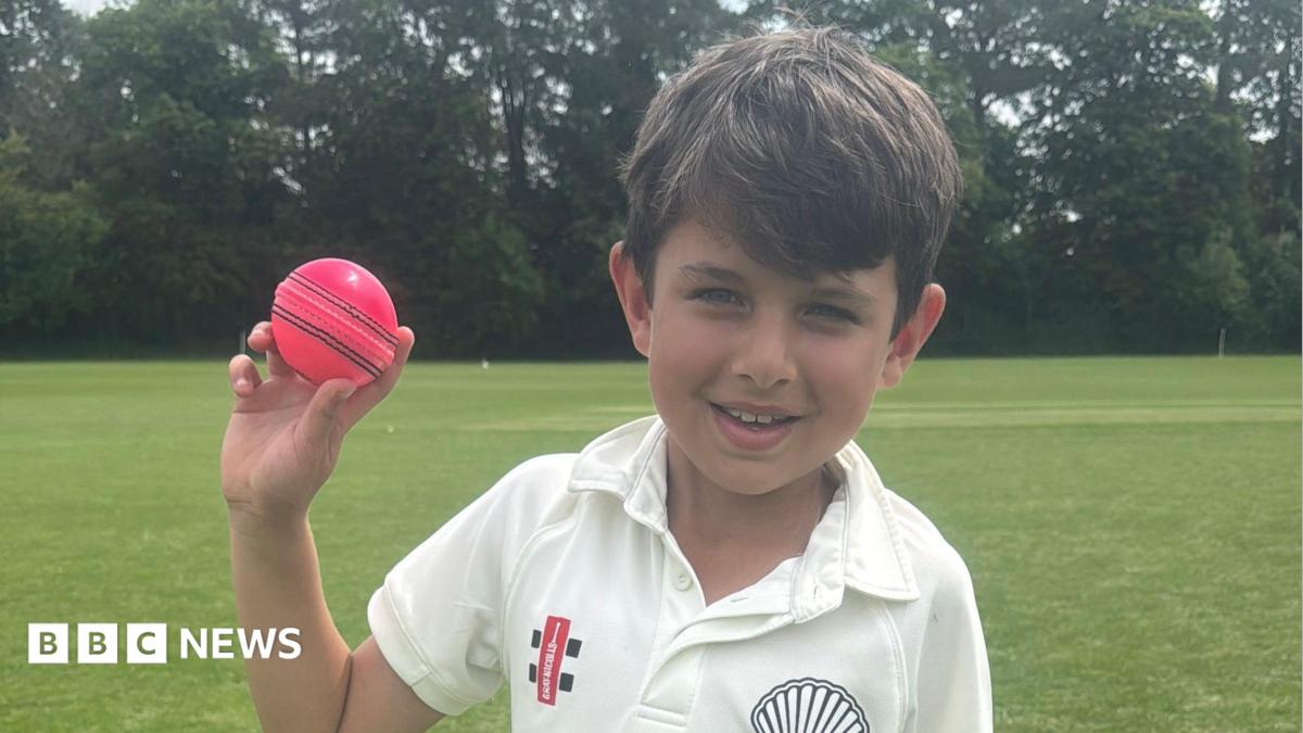 Rohan is standing on a green field which has trees in the distance. He has short brown hair and is wearing a white cricket shirt. He is holding a red cricket ball near to his head.