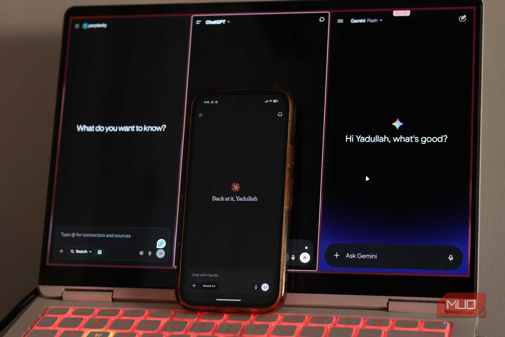 ChatGPT, Claude, Gemini, and Perplexity open on Windows laptop and Android phone.