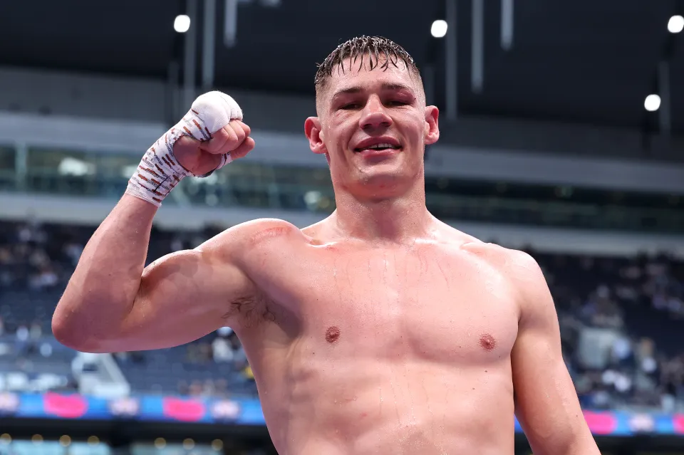 Chris Billam-Smith celebrates after victory against Brandon Glanton in the Cruiserweight fight between Chris Billam-Smith and Brandon Glanton as part of the Fatal Fury - Fight Night at Tottenham Hotspur Stadium on April 26, 2025 in London, England