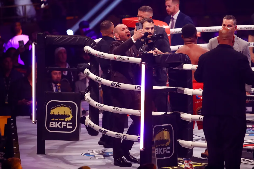 Conor McGregor reacts after the fight between Leonardo Perdomo and Steve Herelius during the BKFC 70 Hollywood at Hard Rock Live in Seminole Hard Rock Hotel & Casino on March 27, 2025 in Hollywood, Florida