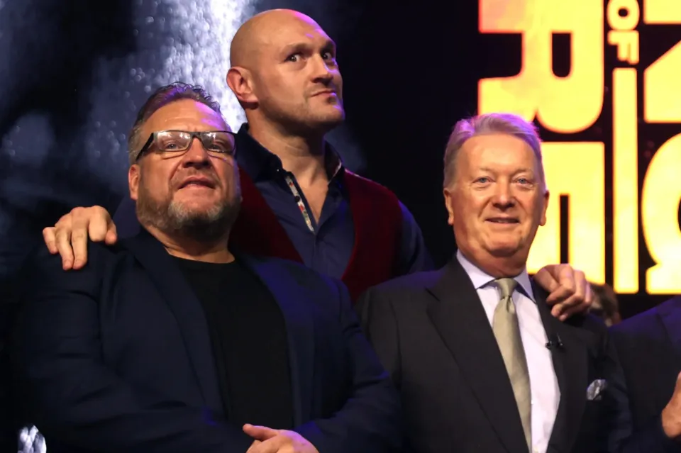 LONDON, ENGLAND - NOVEMBER 16: Turki Al-Sheikh poses with Tyson Fury, Frank Warren, Spencer Brown, Sylvester Stallone and Oleksandr Usyk at HERE on November 16, 2023 in London, England. (Photo by Alex Pantling/Getty Images)