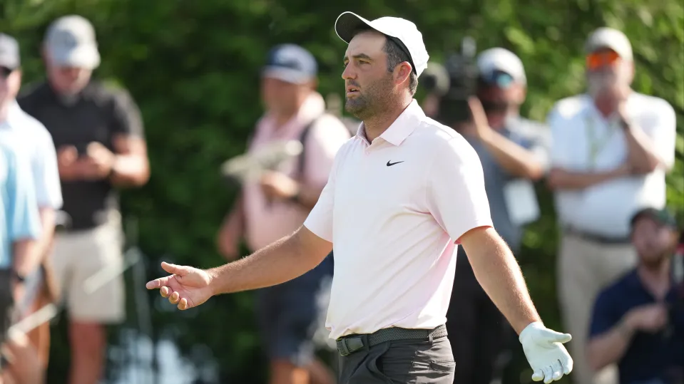 Scottie Scheffler reacts to his tee shot on the 16th hole during the first round of the Memorial Tournament presented by Workday at Muirfield Village Golf Club on June 4, 2026 in Dublin, Ohio.