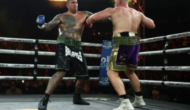 Former England rugby international stopped in wild boxing debut by 6ft 7in NRL star