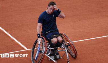 Britain's Alfie Hewett reacts during his men's wheelchair singles final match against Japan's Tokito Oda