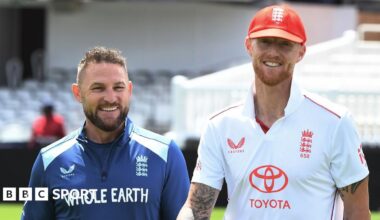 Brendon McCullum and Ben Stokes smile at a pre-first Test photo shoot
