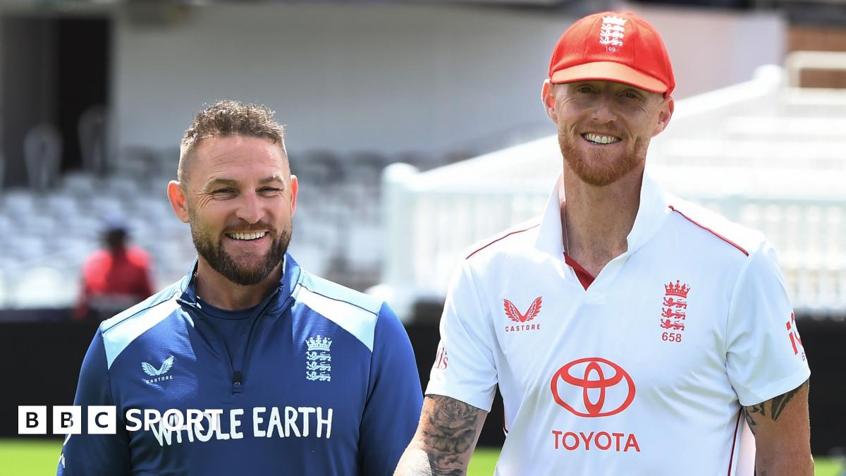 Brendon McCullum and Ben Stokes smile at a pre-first Test photo shoot