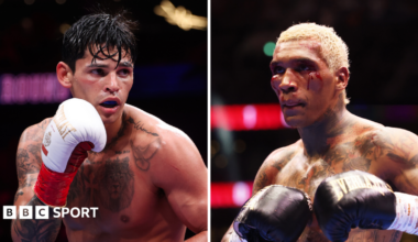 A split image of American Ryan Garcia and British boxer Conor Benn in action, with the latter sporting a swollen face with a cut below his left eye