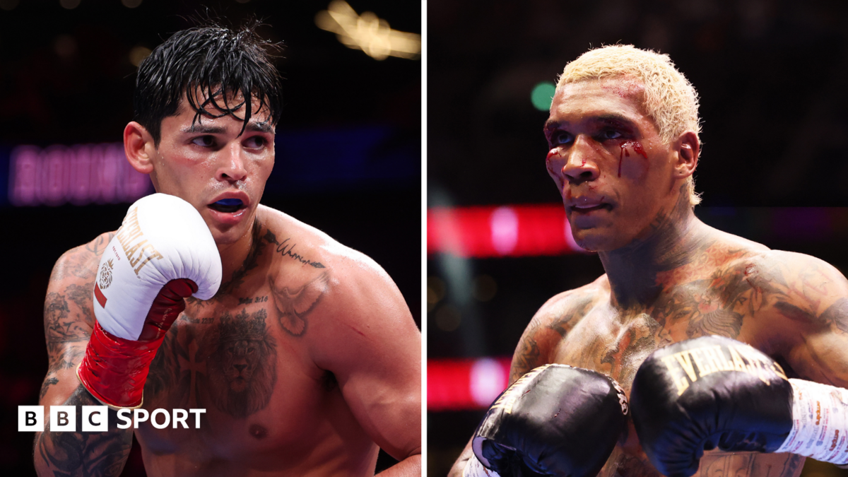 A split image of American Ryan Garcia and British boxer Conor Benn in action, with the latter sporting a swollen face with a cut below his left eye
