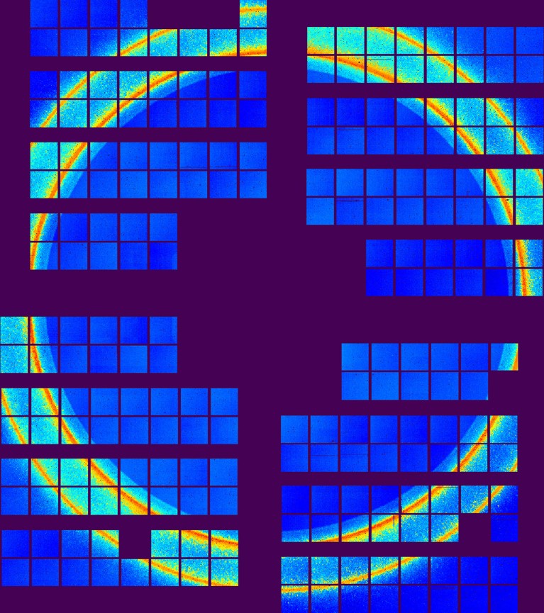 Powder-like X-ray diffraction pattern from supercooled liquid krypton that resembles circular colours as pieced together by divided squares.