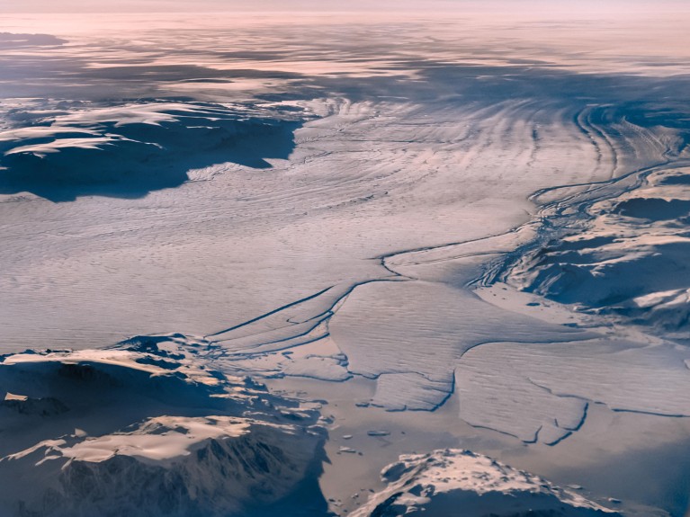 An aerial view of the Nioghalvfjerdsfjorden glacier