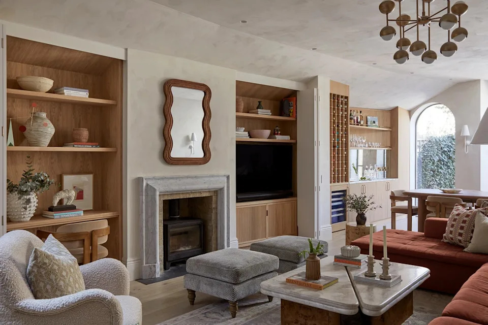 A warm mix of natural textures, soft neutrals and exposed timber brings depth to this living space, reflecting the modern organic look in a calm, understated way Souq.Studio | Anna Stathaki Photography