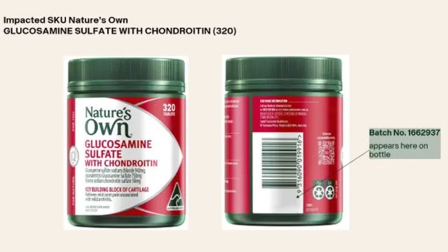 The recalled batch number for Nature’s Own Glucosamine Sulfate with Chondroitin can be found on the back of the bottle packaging.