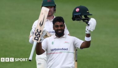 Leicestershire's Rehan Ahmed celebrates his century against Yorkshire
