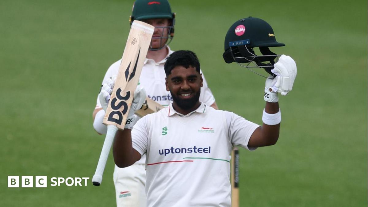 Leicestershire's Rehan Ahmed celebrates his century against Yorkshire