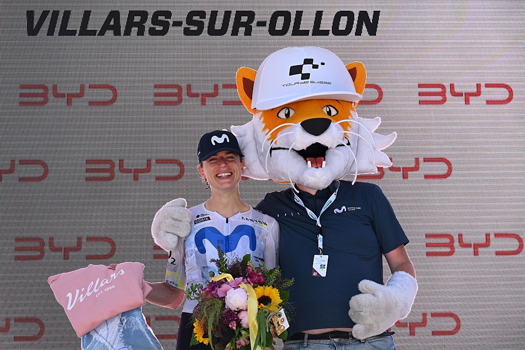 VILLARS-SUR-OLLON, SWITZERLAND - JUNE 21: Marlen Reusser of Switzerland and Team Movistar celebrates at podium as stage winner during the 10th Tour de Suisse Women 2026, Stage 5 a 100.4km stage from Villars-sur-Ollon to Villars-sur-Ollon 1249m / #UCIWT / on June 21, 2026 in Villars-sur-Ollon, Switzerland. (Photo by Tim de Waele/Getty Images)