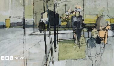 A painting/drawing of people walking along a grey street. It is quite abstract with lots of straight lines and dark shades