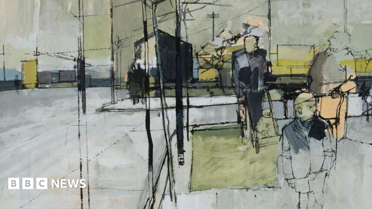 A painting/drawing of people walking along a grey street. It is quite abstract with lots of straight lines and dark shades