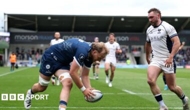 Sale second row Ben Bamber about to put the ball down for his side's second try with Bristol full-back Rich Lane watching on