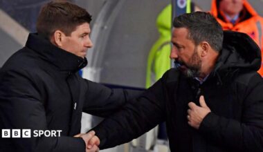 Derek McInnes, then Aberdeen manager, and Steven Gerrard, then Rangers manager shakes hands at Ibrox in 2019