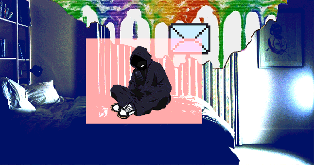 An illustration showing a dark figure sitting on their bed, looking at content on their phone, as messages pop up around them and colour rains down on their head