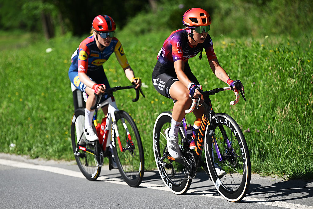 LOCARNO, SWITZERLAND - JUNE 18: (L-R) Margot Vanpachtenbeke of Belgium and Team Lidl - Trek and Carlotta Cipressi of Italy and Team Human Powered Health compete in the breakaway during the 10th Tour de Suisse Women 2026, Stage 2 a 105.6km stage from Locarno to Locarno / #UCIWWT / on June 18, 2026 in Locarno, Switzerland. (Photo by Tim de Waele/Getty Images)