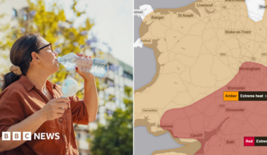 A composite picture of a woman drinking from a water bottle and the Met Office map showing the red warning over Wales.