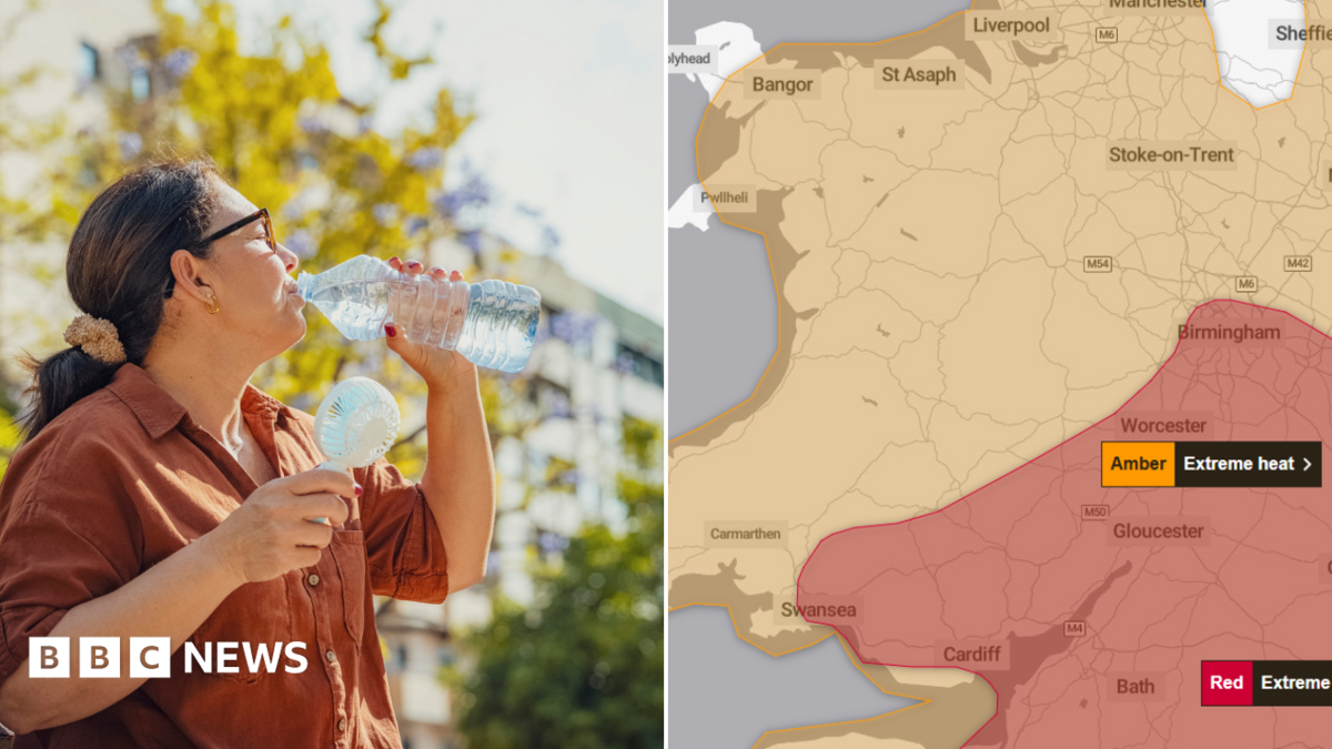 A composite picture of a woman drinking from a water bottle and the Met Office map showing the red warning over Wales.