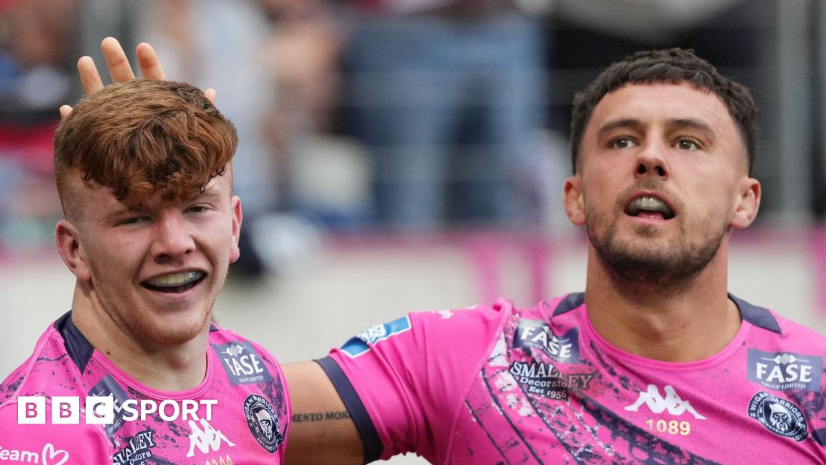 George Marsden (left) celebrates his try for Wigan Warriors against Catalans Dragons