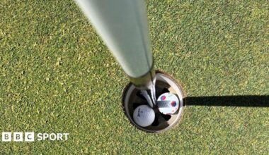 Two Golf balls in a hole on the Royal Liverpool Golf Club course