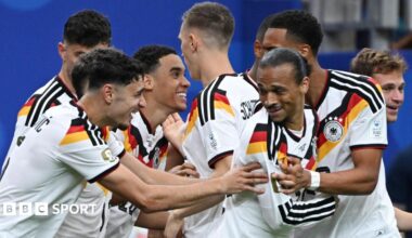 Germany celebrate Jamal Musiala's fourth goal against Curacao