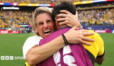 Sebastian Beccacece, Head Coach of Ecuador, celebrates with fans and family members after the 2-1 win against Germany